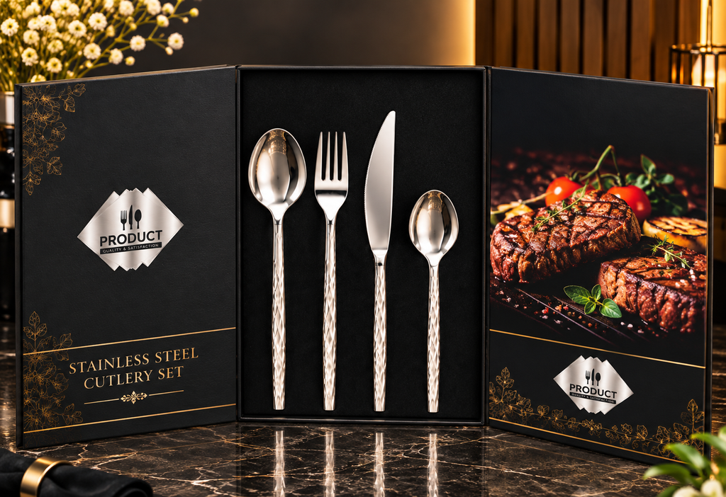 Silver diamond-handle 4-piece stainless steel cutlery set in a black luxury gift box