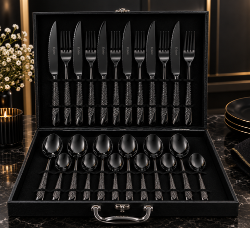 Erlato 24-piece black edition cutlery set with diamond-textured handles in a luxury black leatherette case