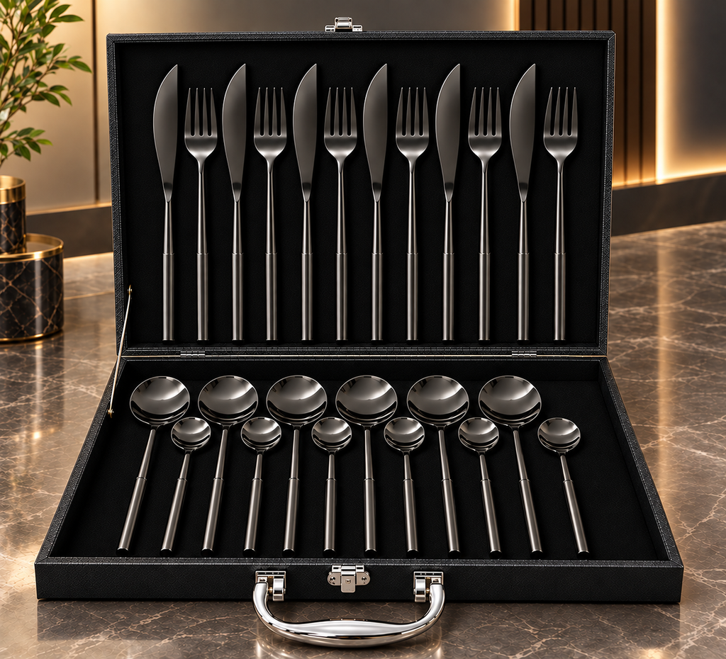 Matte black 24-piece luxury cutlery set in a black faux-leather gift box