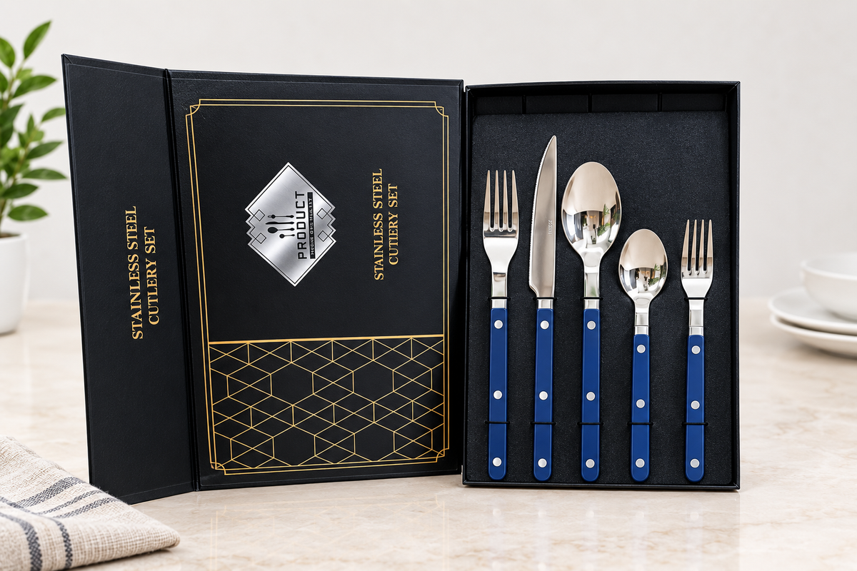 5-piece blue handle stainless steel cutlery set in a black luxury gift box